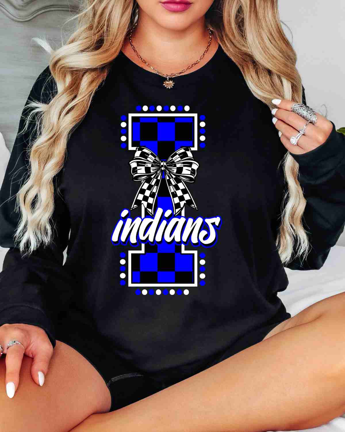 Indians Checkered Letter Bow DTF Transfer
