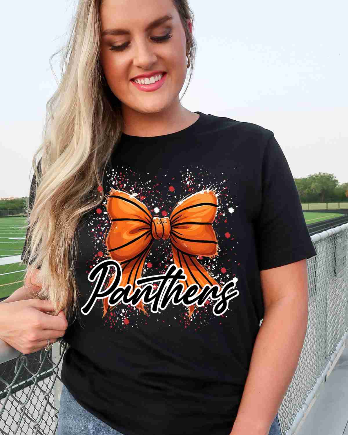 Panthers Basketball Bow Splatter DTF Transfer - Rustic Grace Heat Transfer Company
