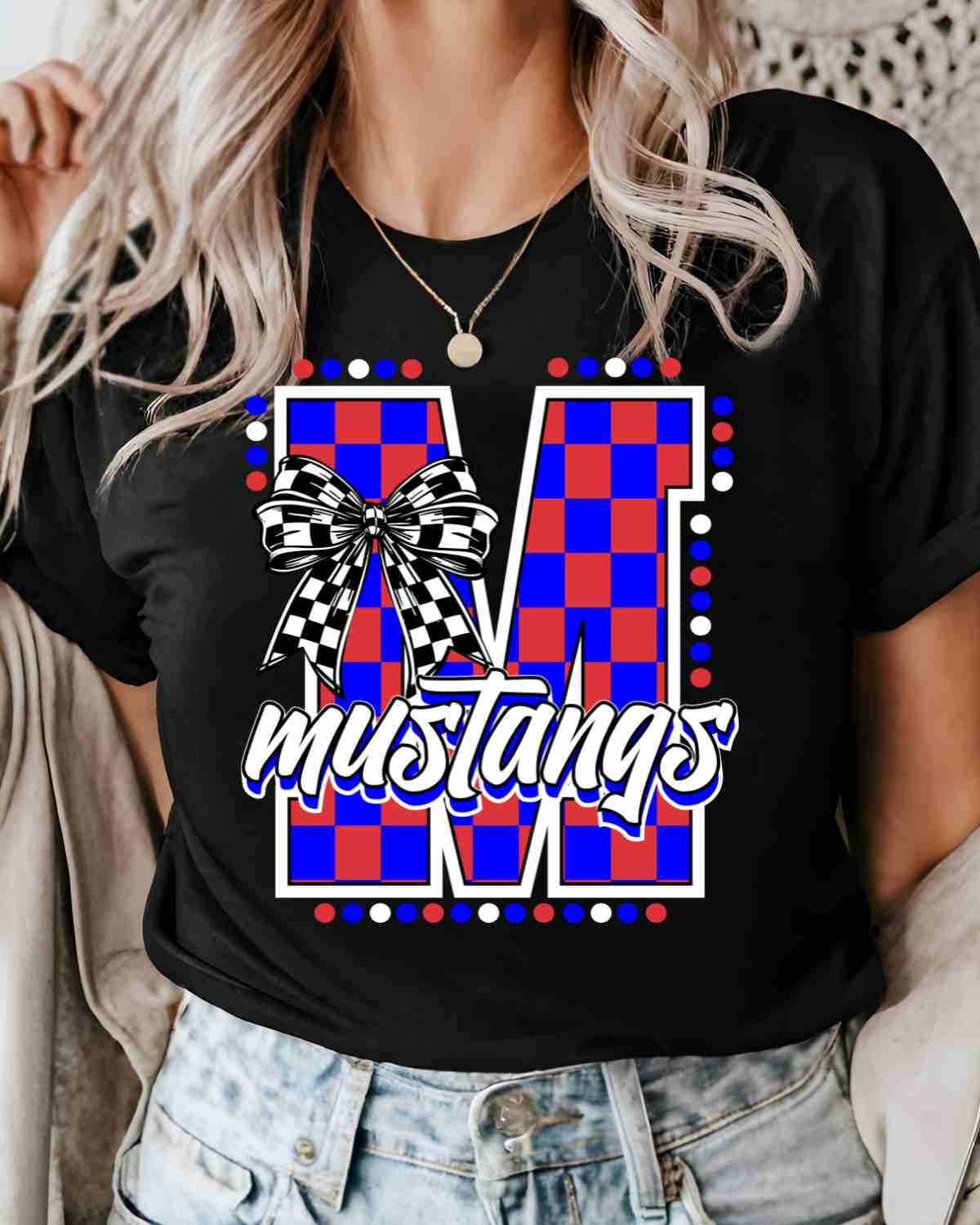 Mustangs Checkered Letter Bow DTF Transfer