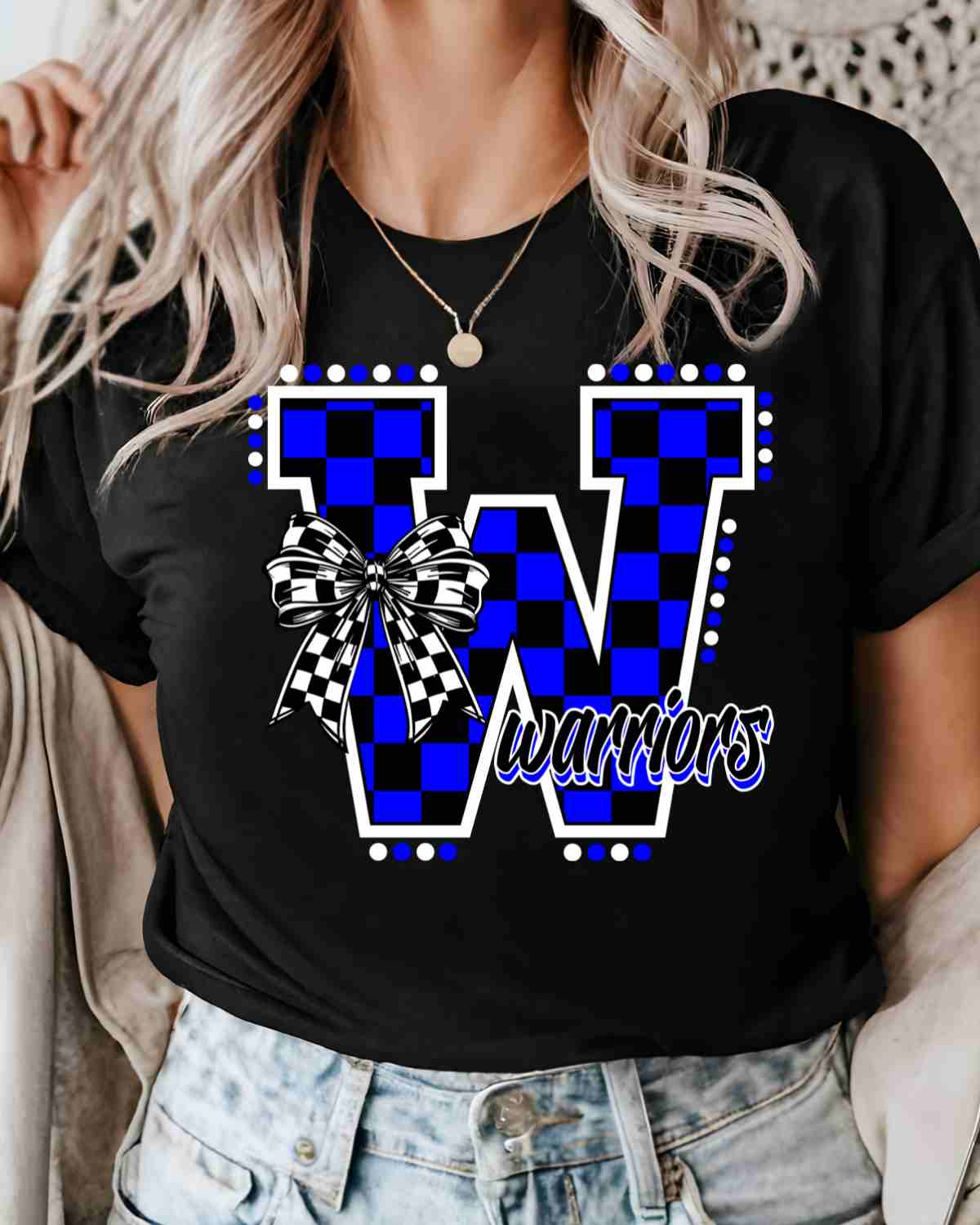 Warriors Checkered Letter Bow DTF Transfer