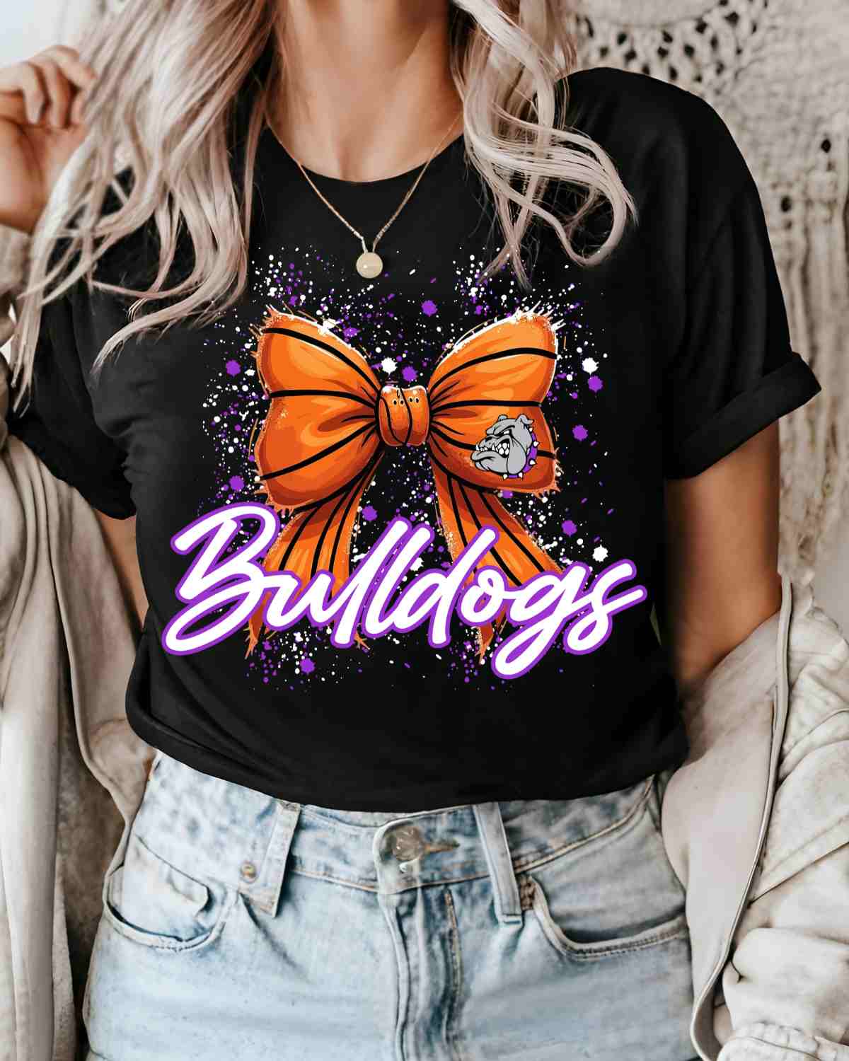 Bulldogs Basketball Bow Splatter DTF Transfer - Rustic Grace Heat Transfer Company