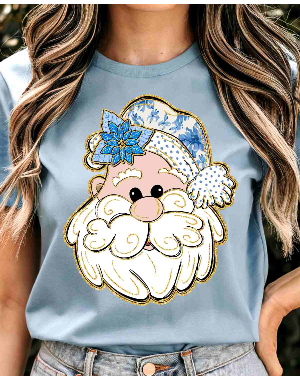 Blue Floral Santa DTF Transfer