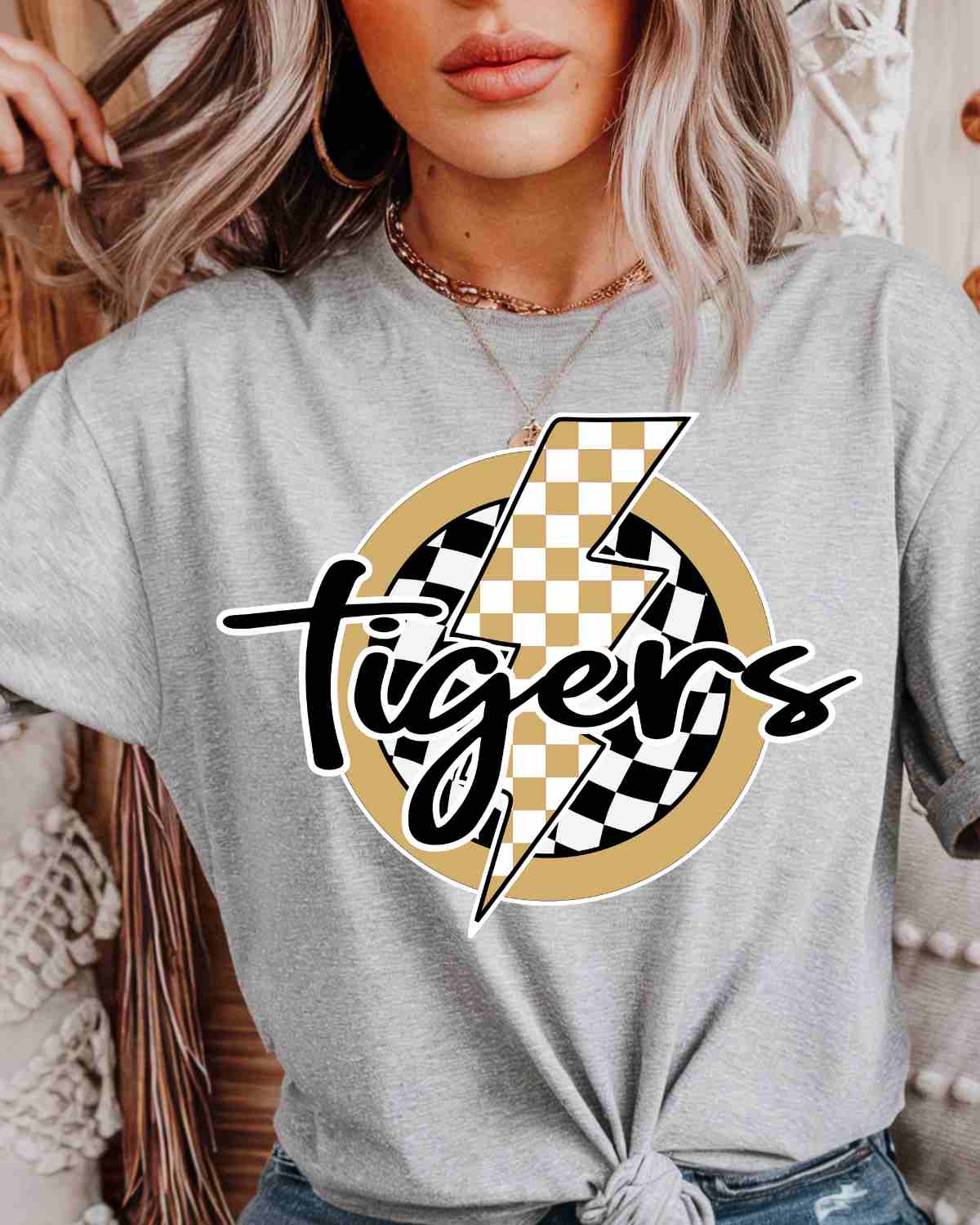 Tigers Checkered Bolt Circle DTF Transfer - Rustic Grace Heat Transfer Company