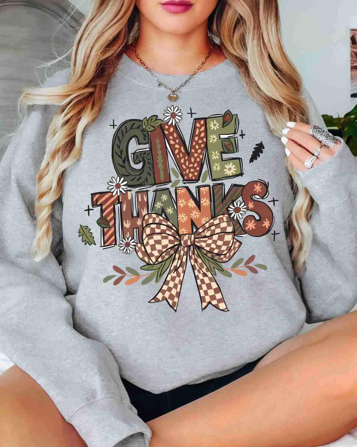 Give Thanks Checkered Bow DTF Transfer