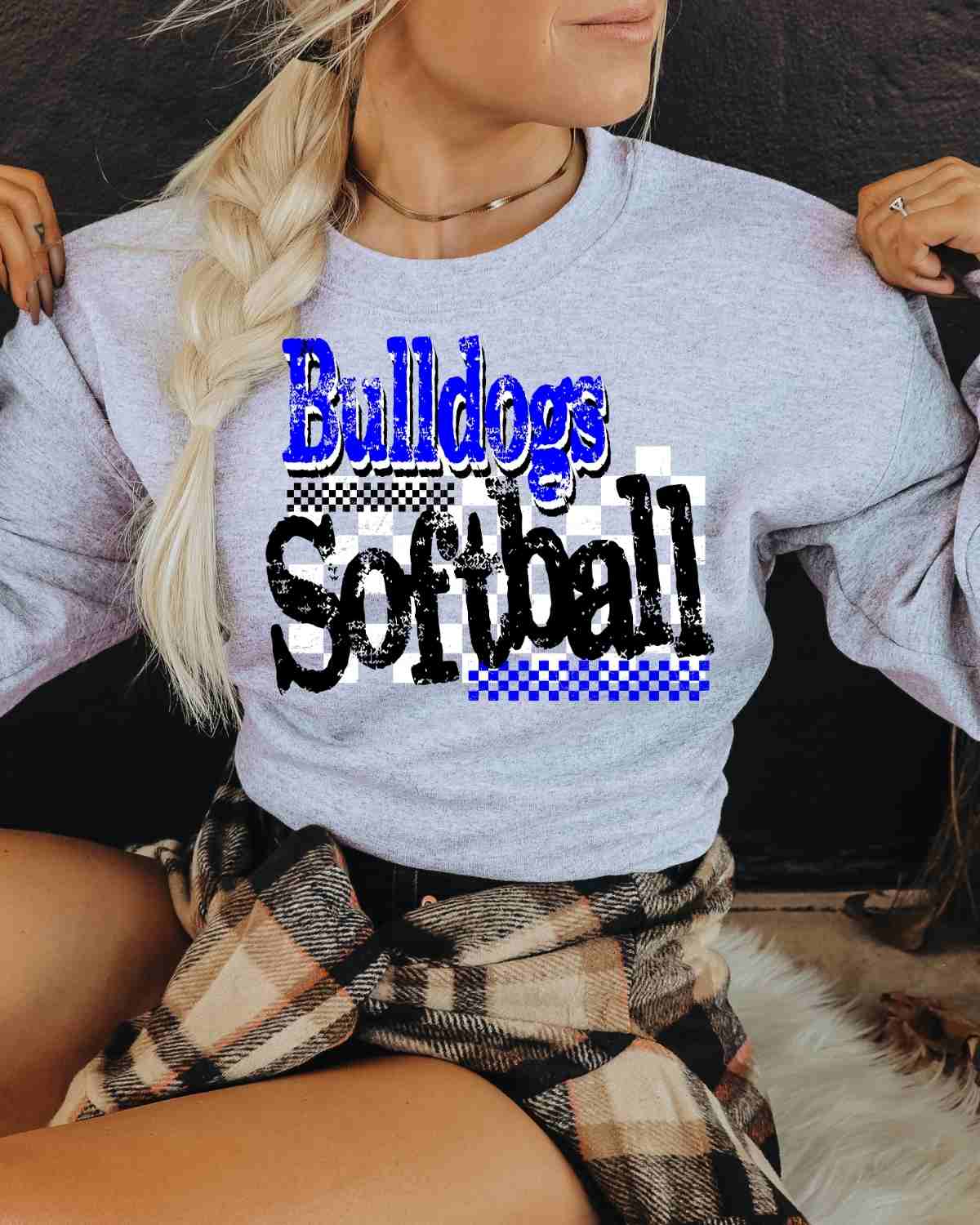 Bulldogs Softball Checkered Grunge DTF Transfer - Rustic Grace Heat Transfer Company