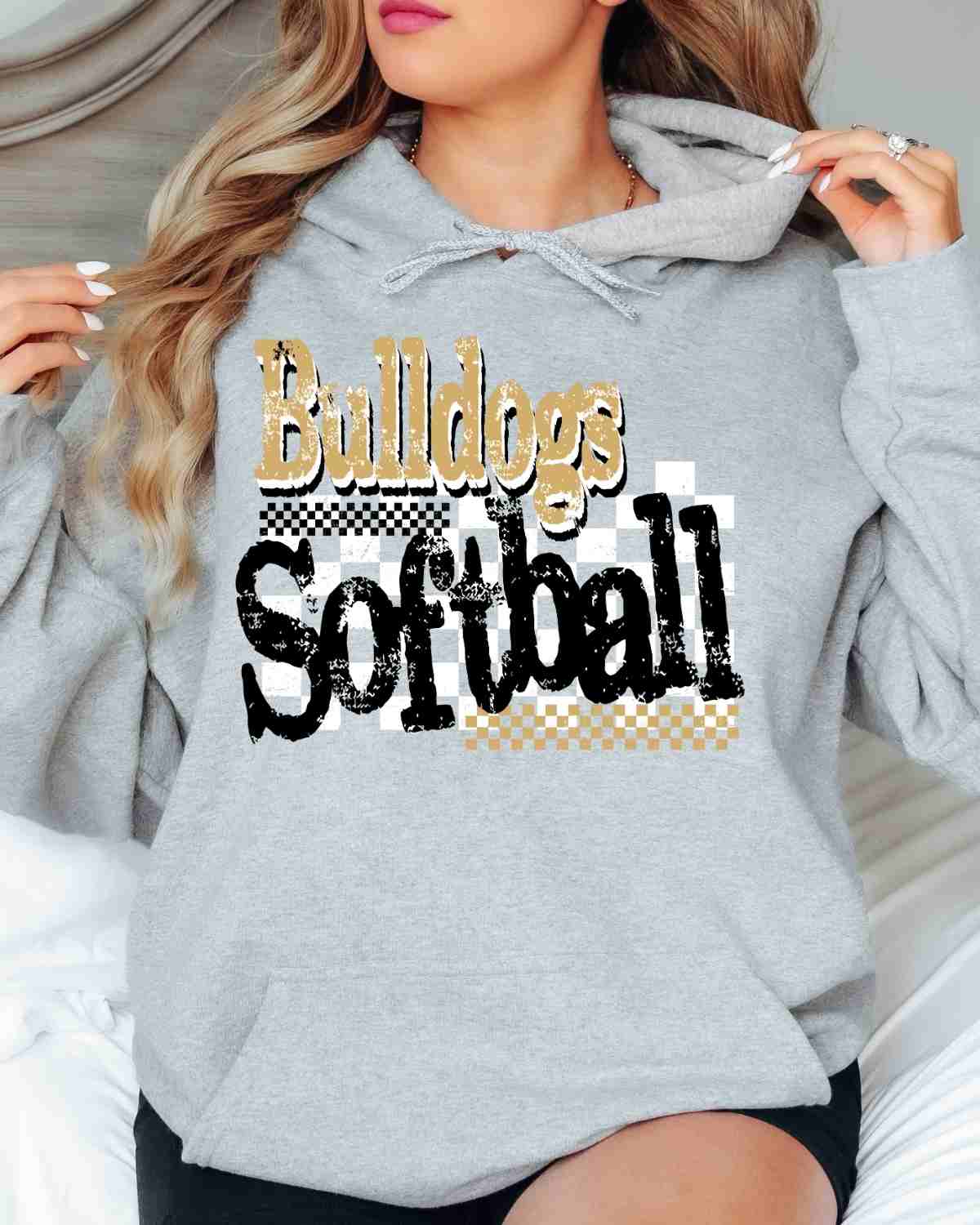 Bulldogs Softball Checkered Grunge DTF Transfer - Rustic Grace Heat Transfer Company