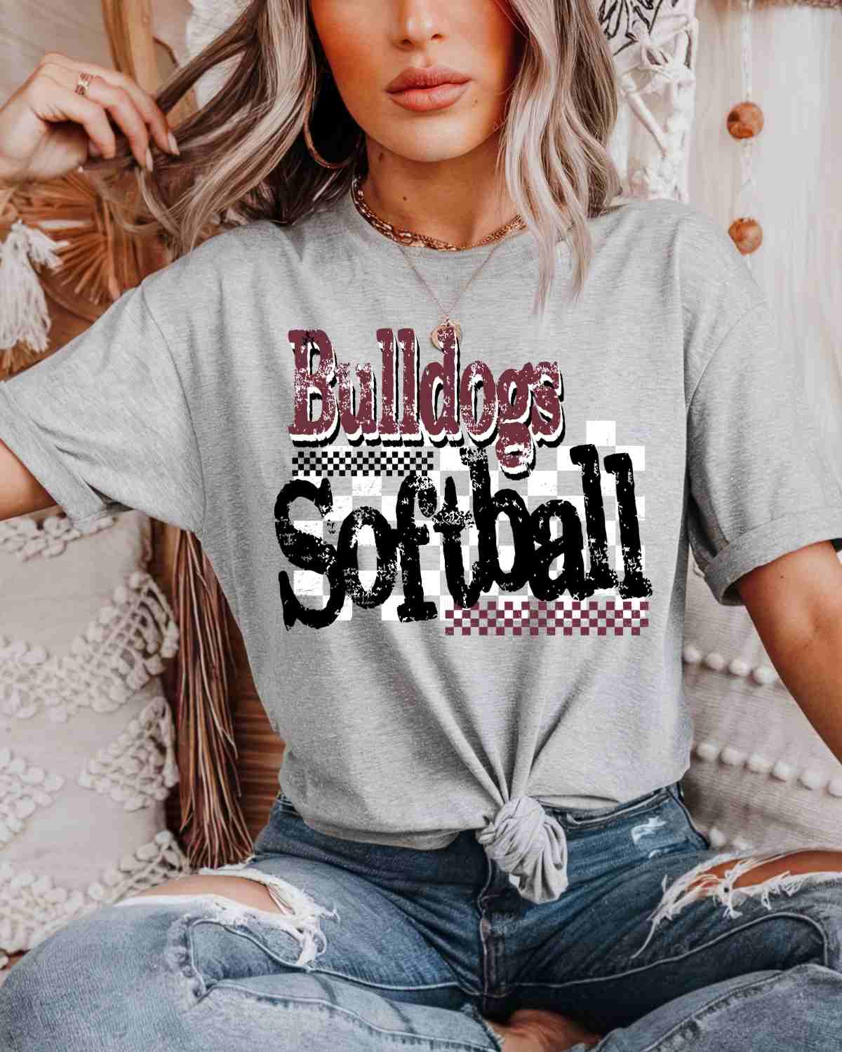 Bulldogs Softball Checkered Grunge DTF Transfer - Rustic Grace Heat Transfer Company