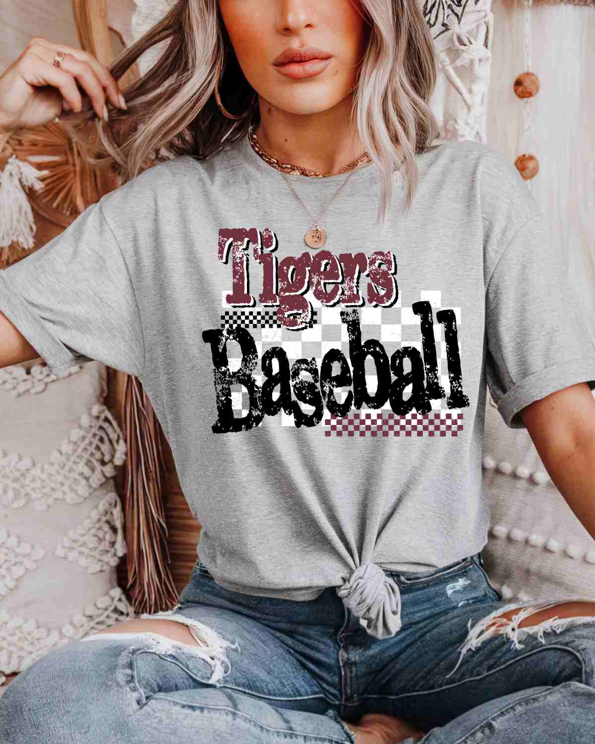 Tigers Baseball Checkered Grunge DTF Transfer - Rustic Grace Heat Transfer Company