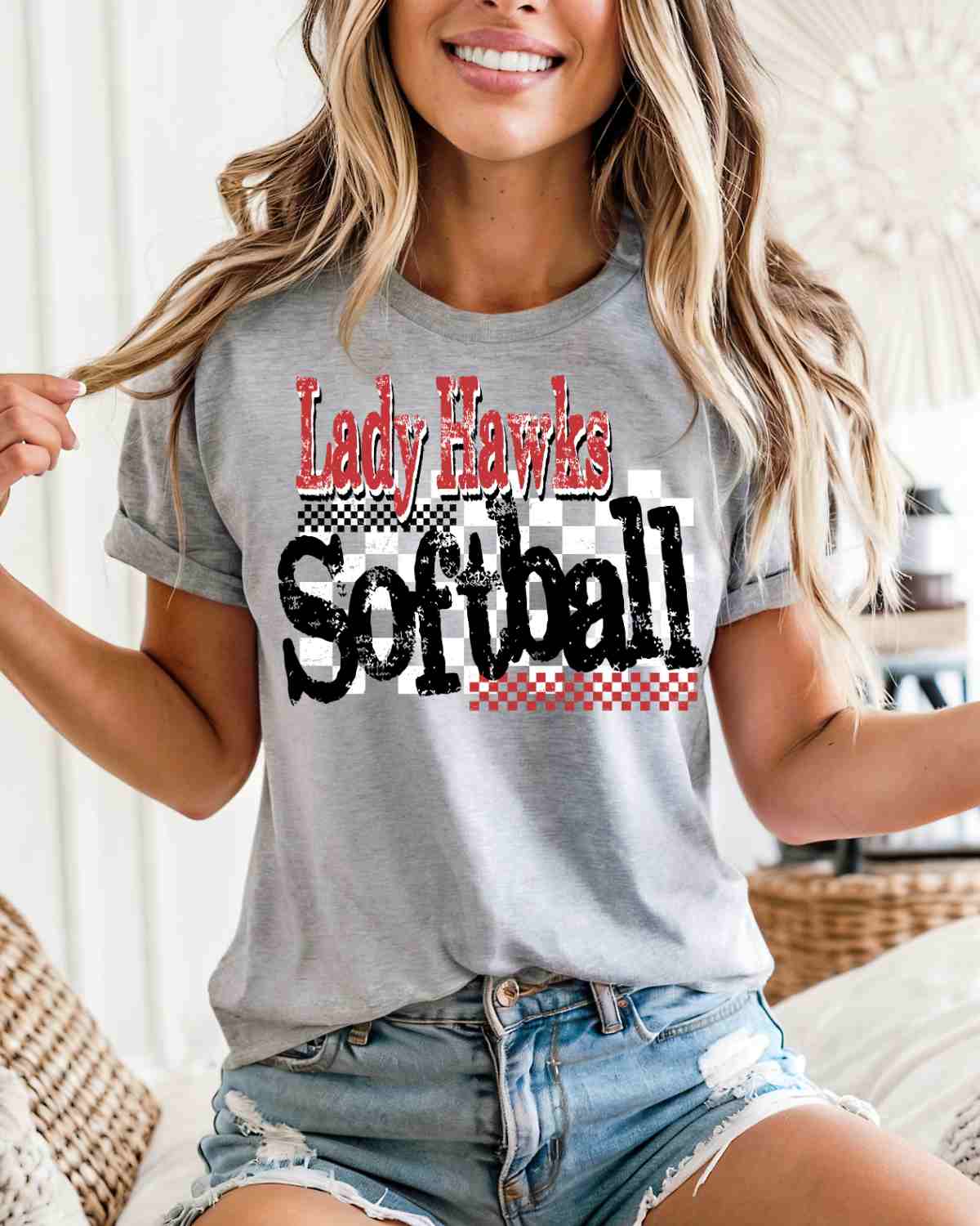 Lady Hawks Softball Checkered Grunge DTF Transfer