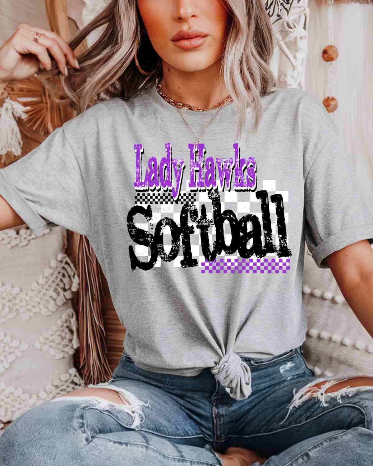 Lady Hawks Softball Checkered Grunge DTF Transfer