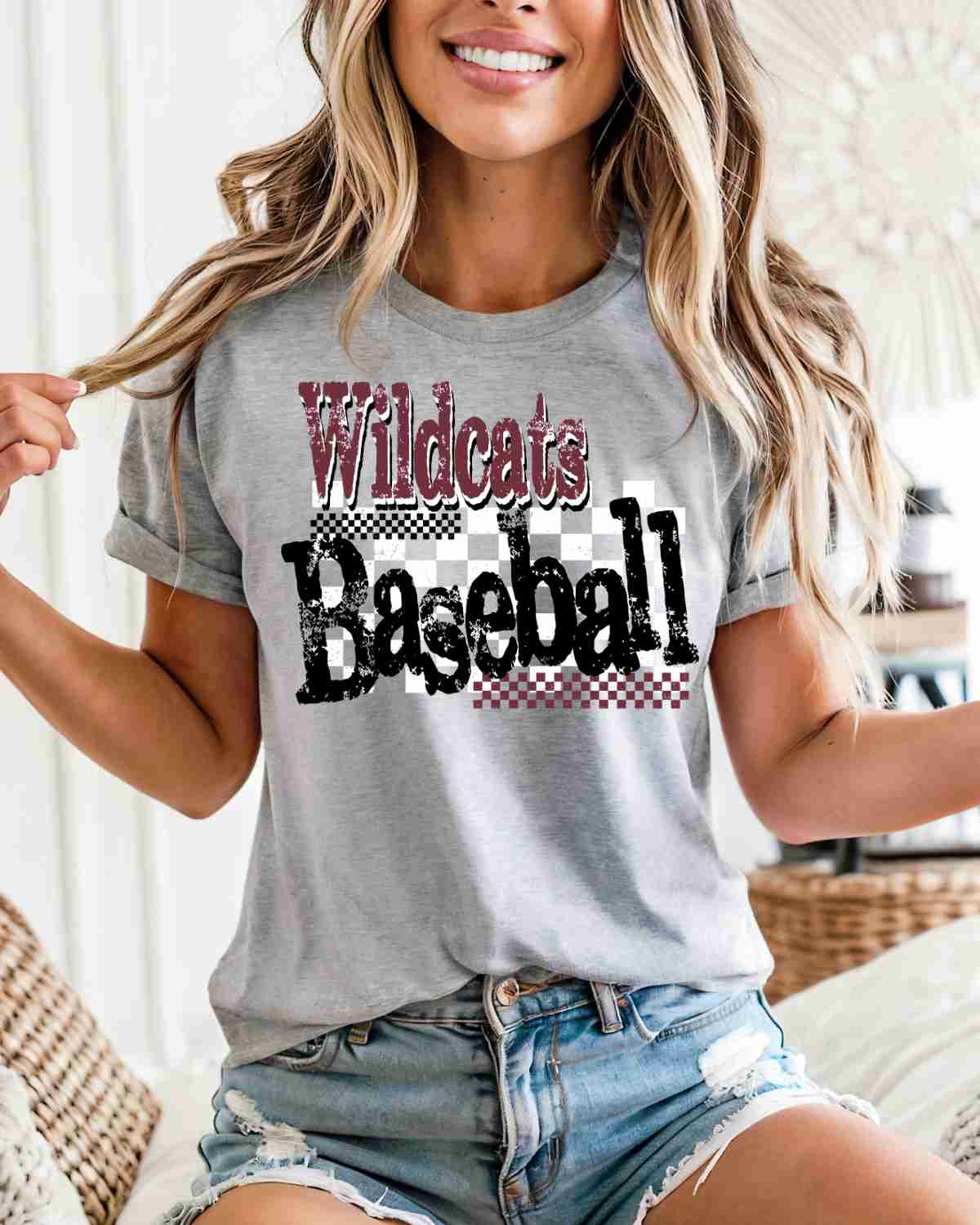 Wildcats Baseball Checkered Grunge DTF Transfer - Rustic Grace Heat Transfer Company