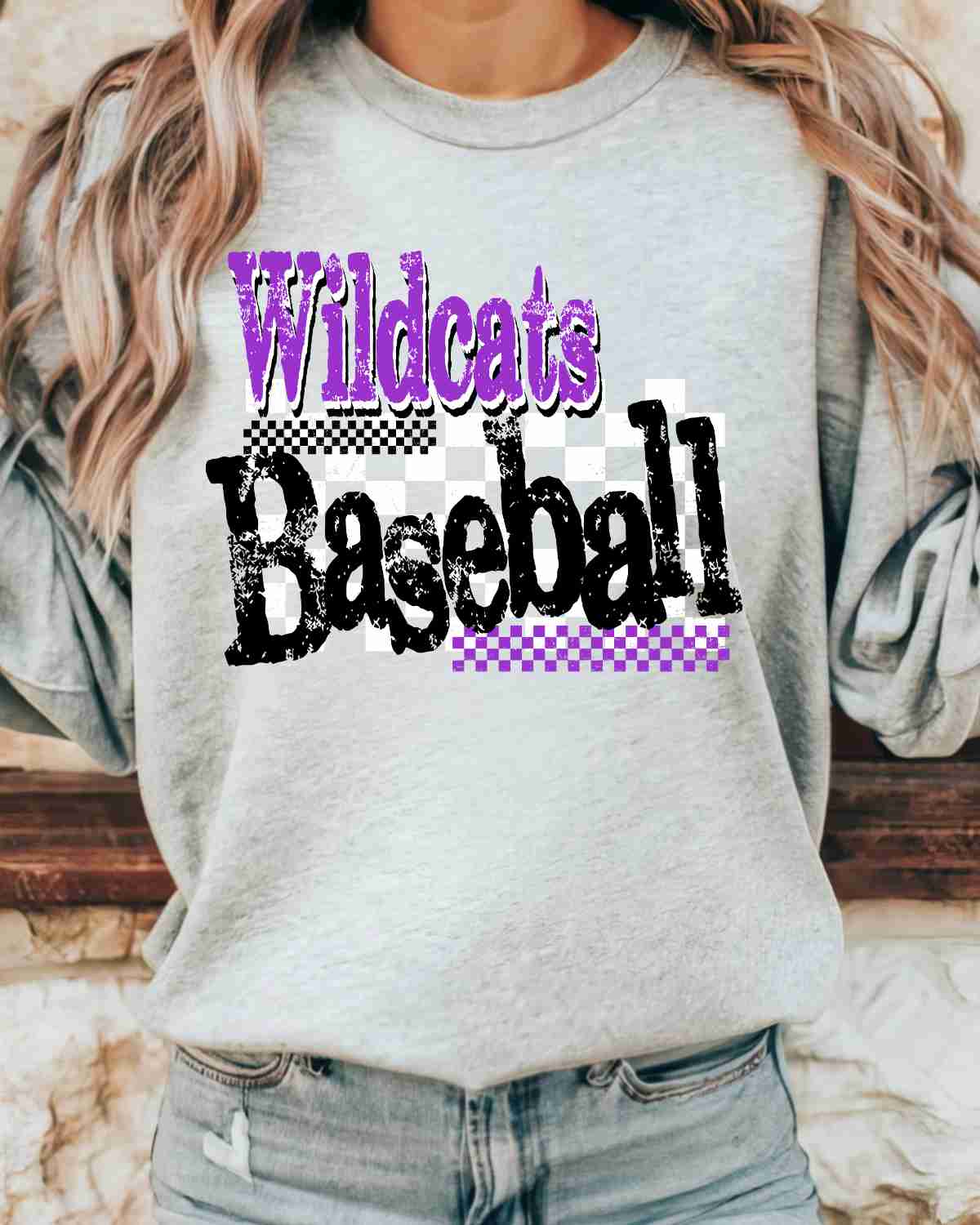 Wildcats Baseball Checkered Grunge DTF Transfer - Rustic Grace Heat Transfer Company