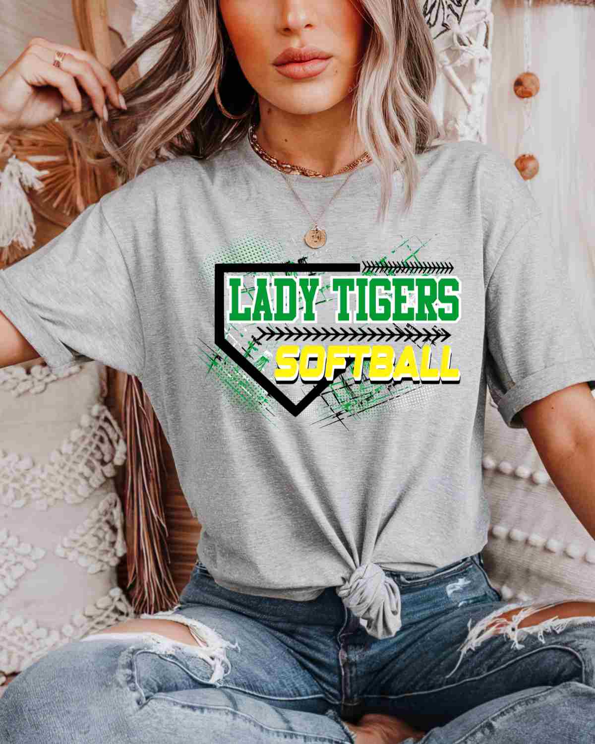 Lady Tigers Softball Home Plate Grunge DTF Transfer - Rustic Grace Heat Transfer Company