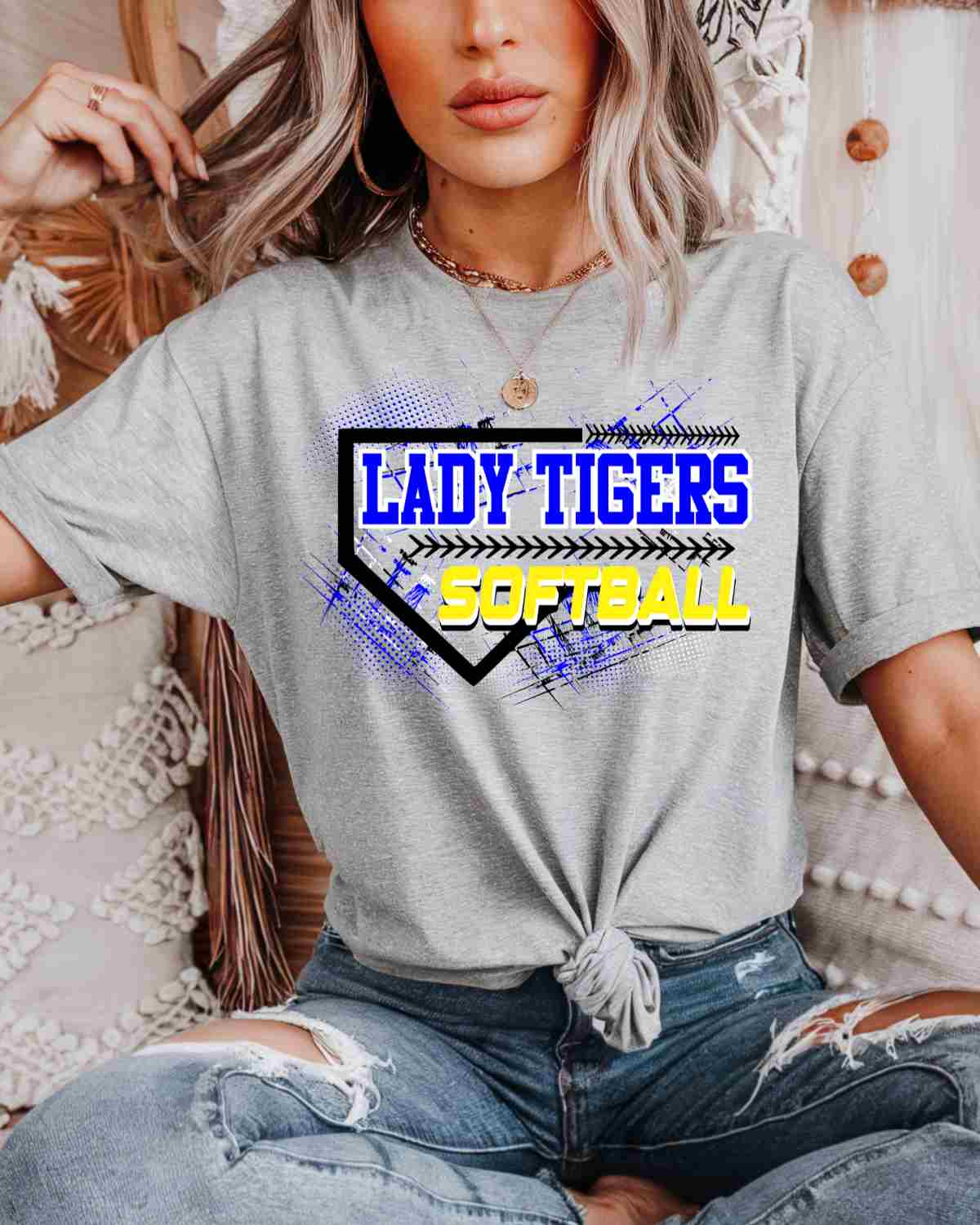 Lady Tigers Softball Home Plate Grunge DTF Transfer - Rustic Grace Heat Transfer Company