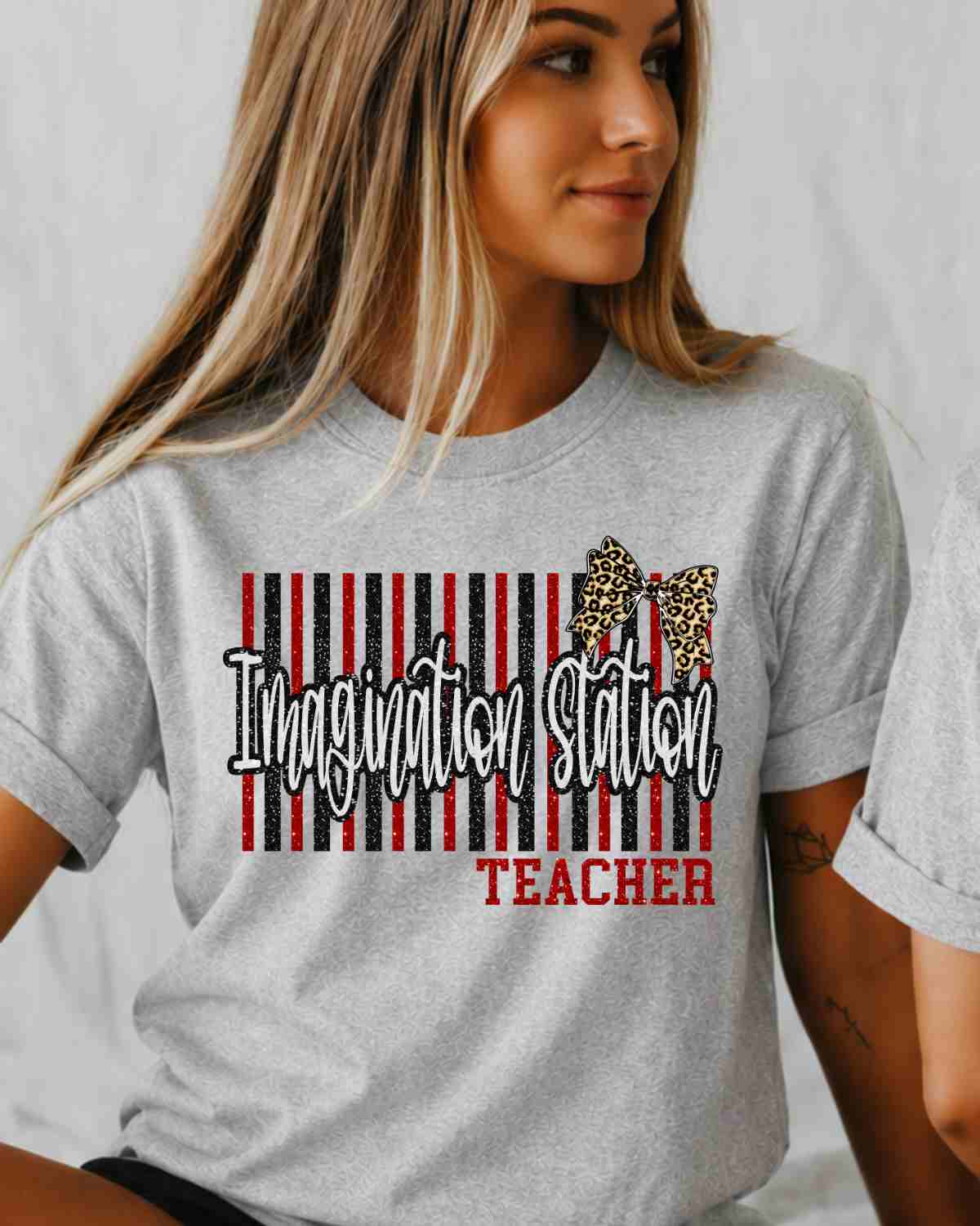 Imagination Station Teacher Stripes Bow DTF Transfer - Rustic Grace Heat Transfer Company