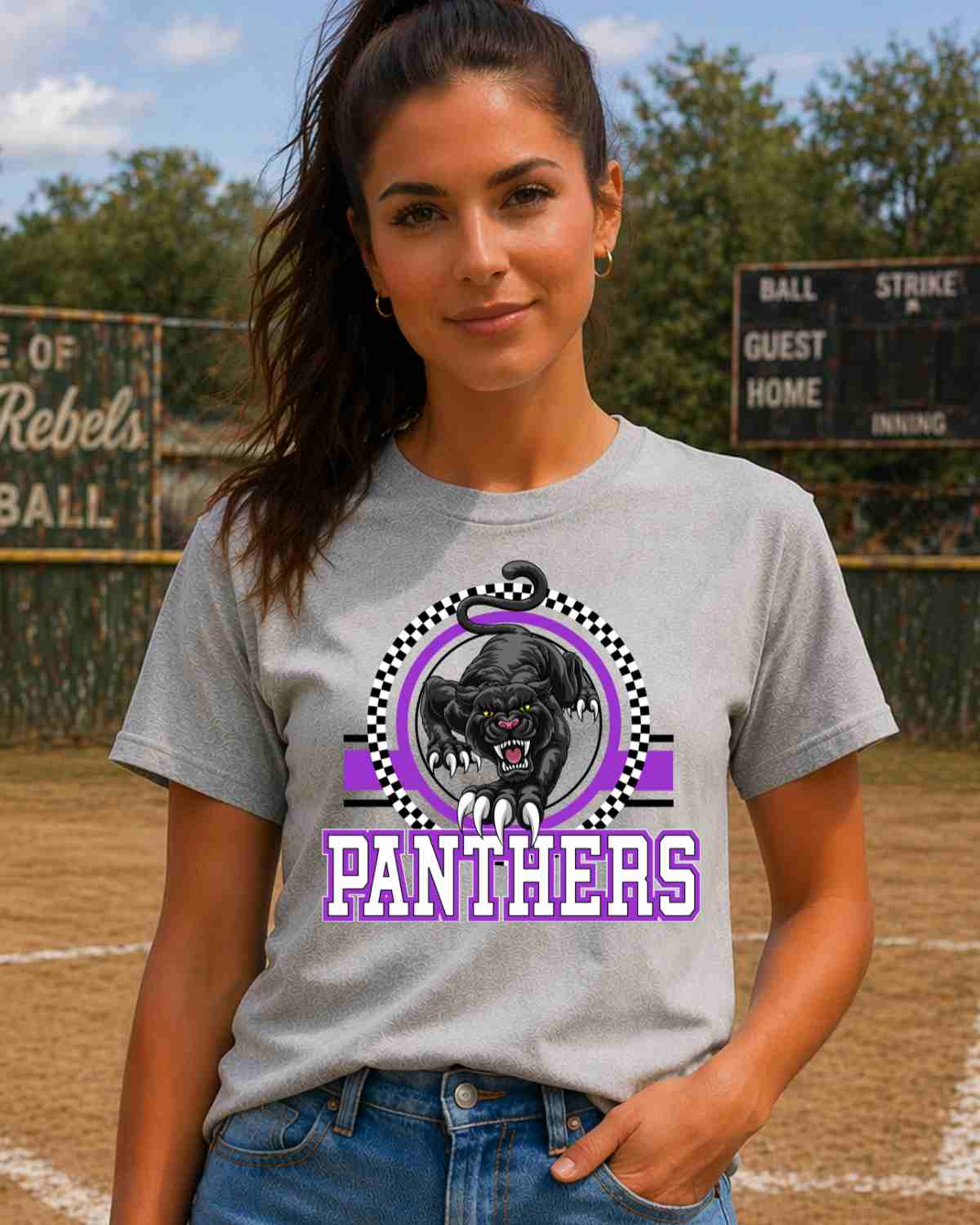Panthers Checkered Circle Logo DTF Transfer - Rustic Grace Heat Transfer Company