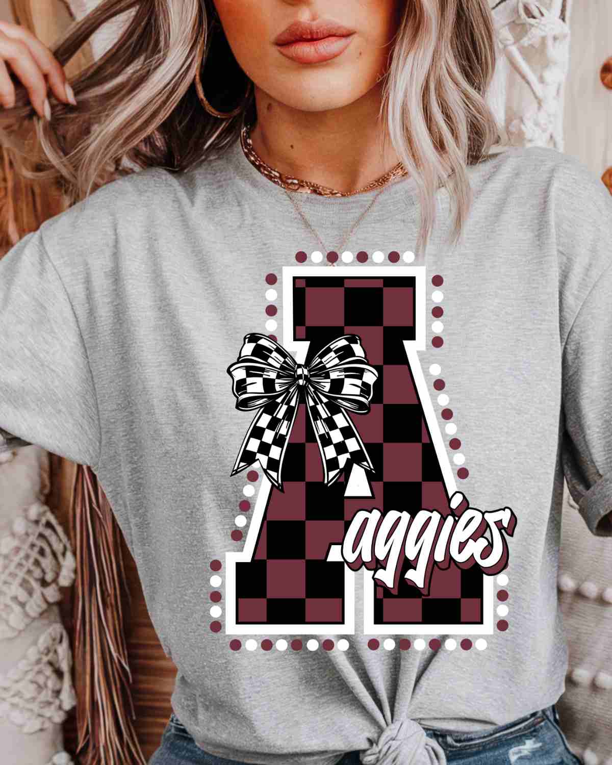 Aggies Checkered Letter Bow DTF Transfer