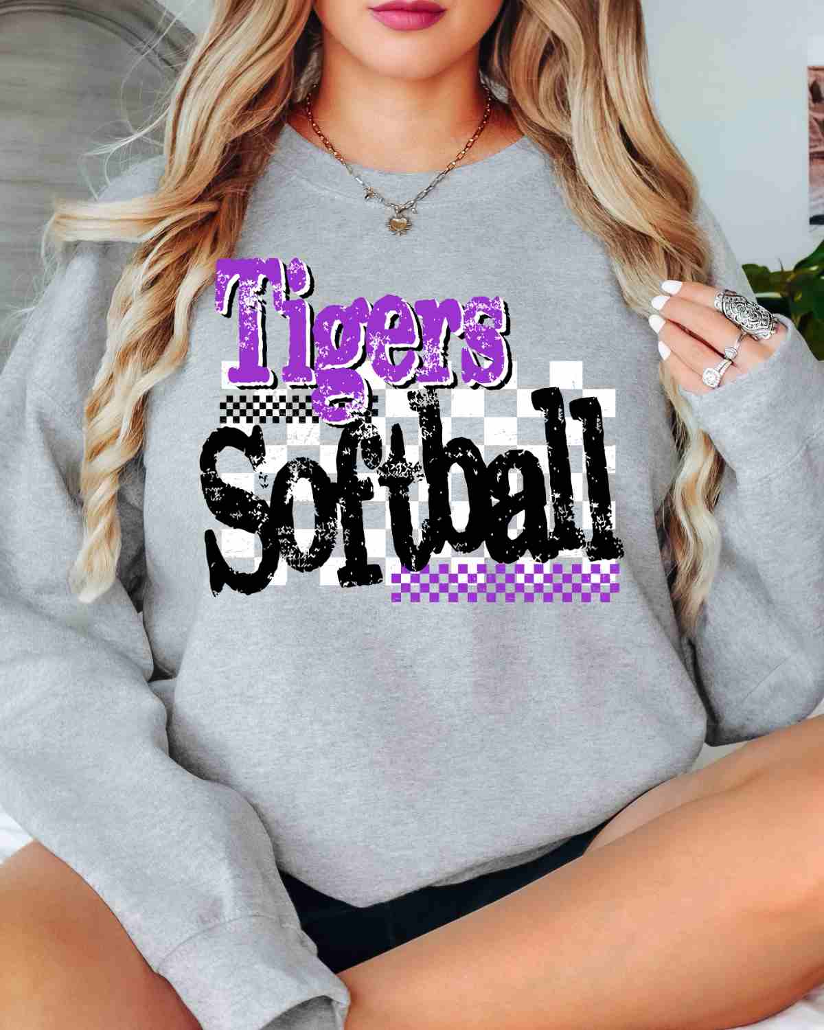 Tigers Softball Checkered Grunge DTF Transfer