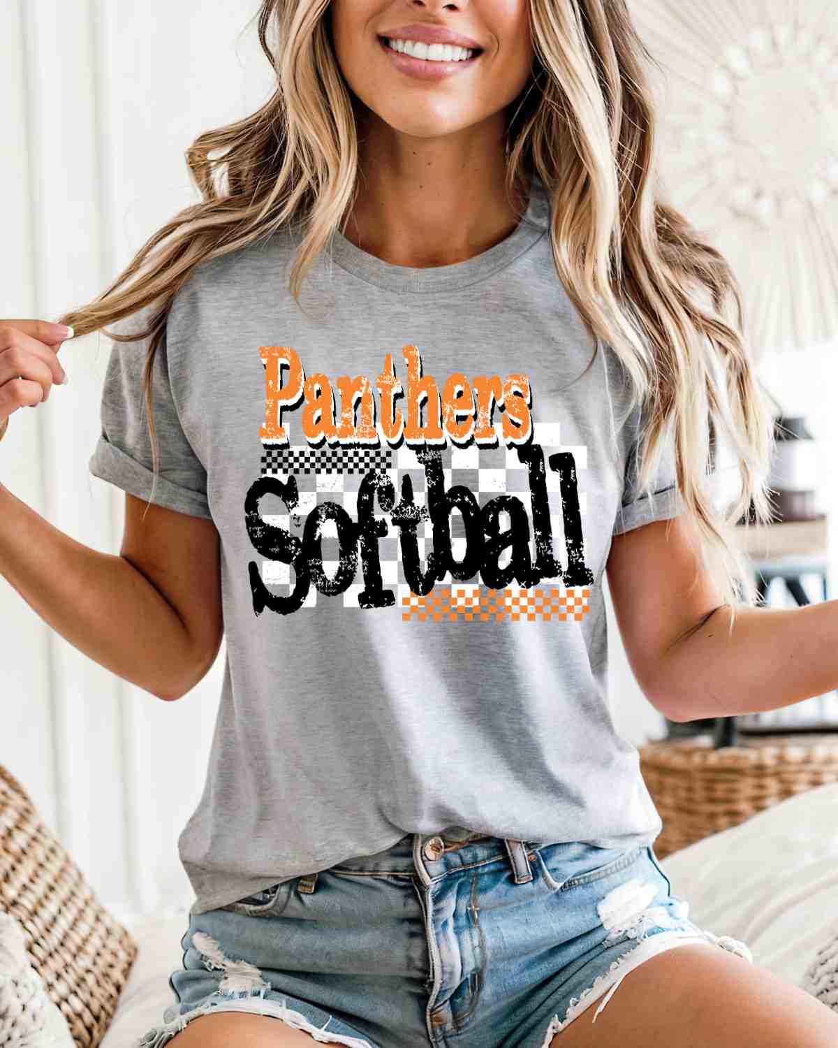 Panthers Softball Checkered Grunge DTF Transfer - Rustic Grace Heat Transfer Company