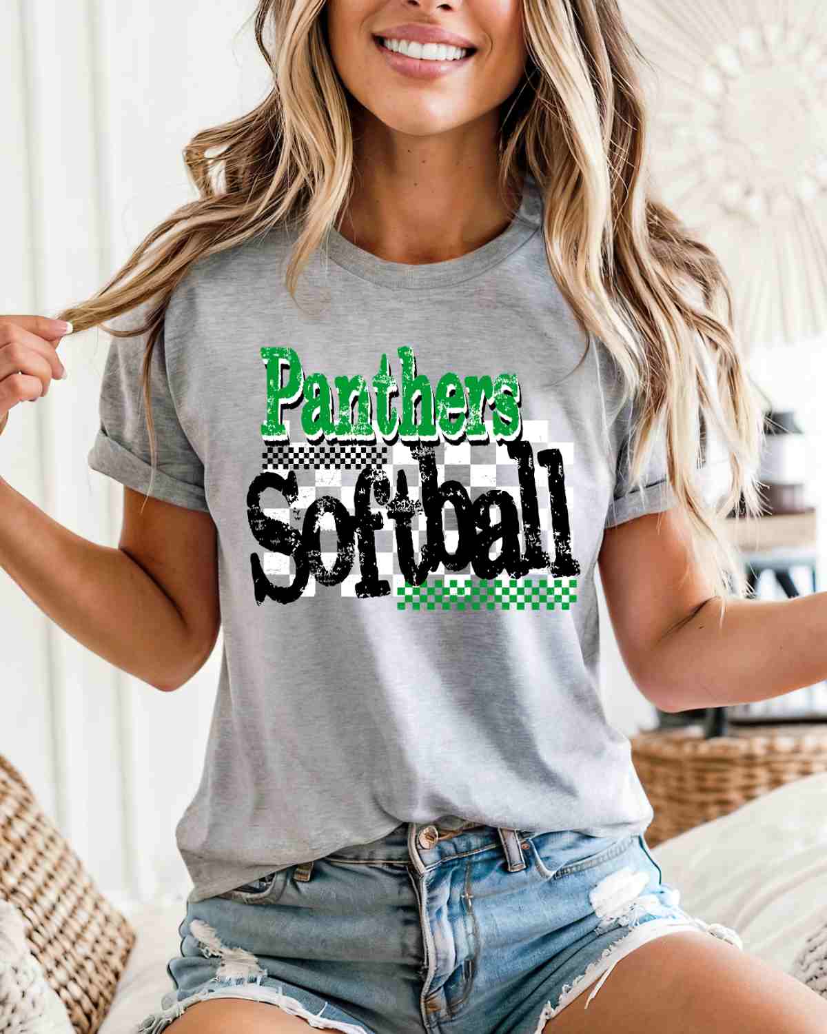 Panthers Softball Checkered Grunge DTF Transfer - Rustic Grace Heat Transfer Company