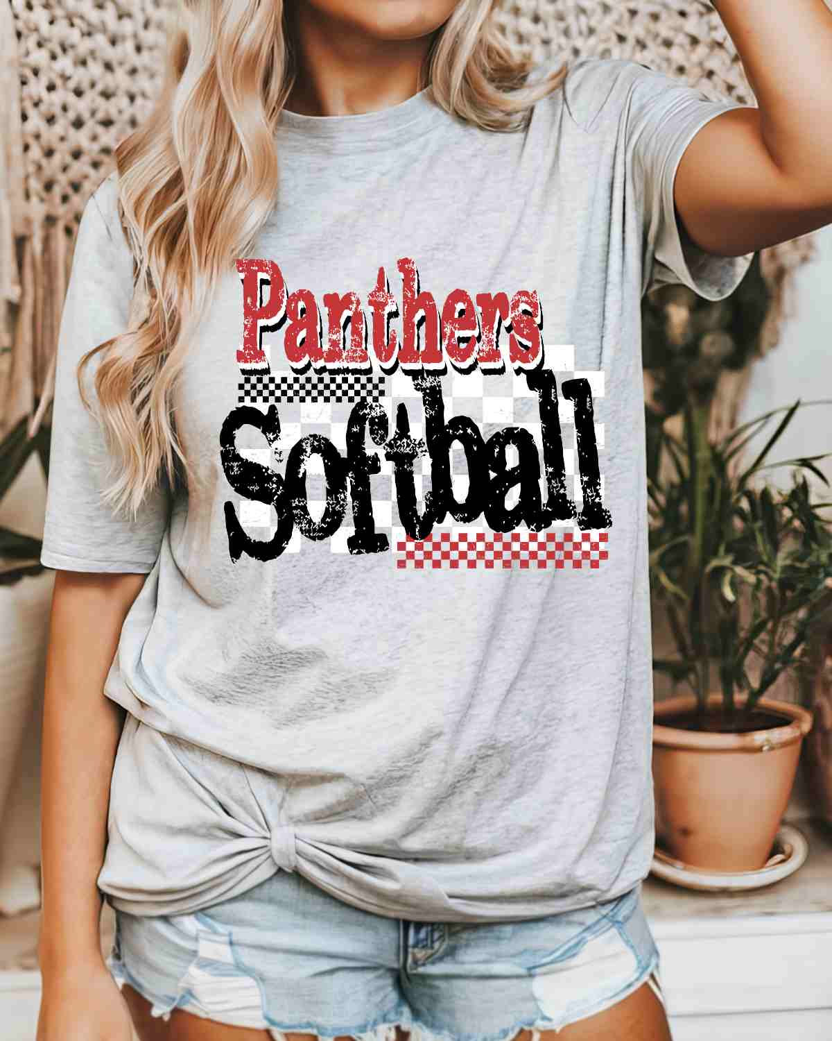 Panthers Softball Checkered Grunge DTF Transfer - Rustic Grace Heat Transfer Company