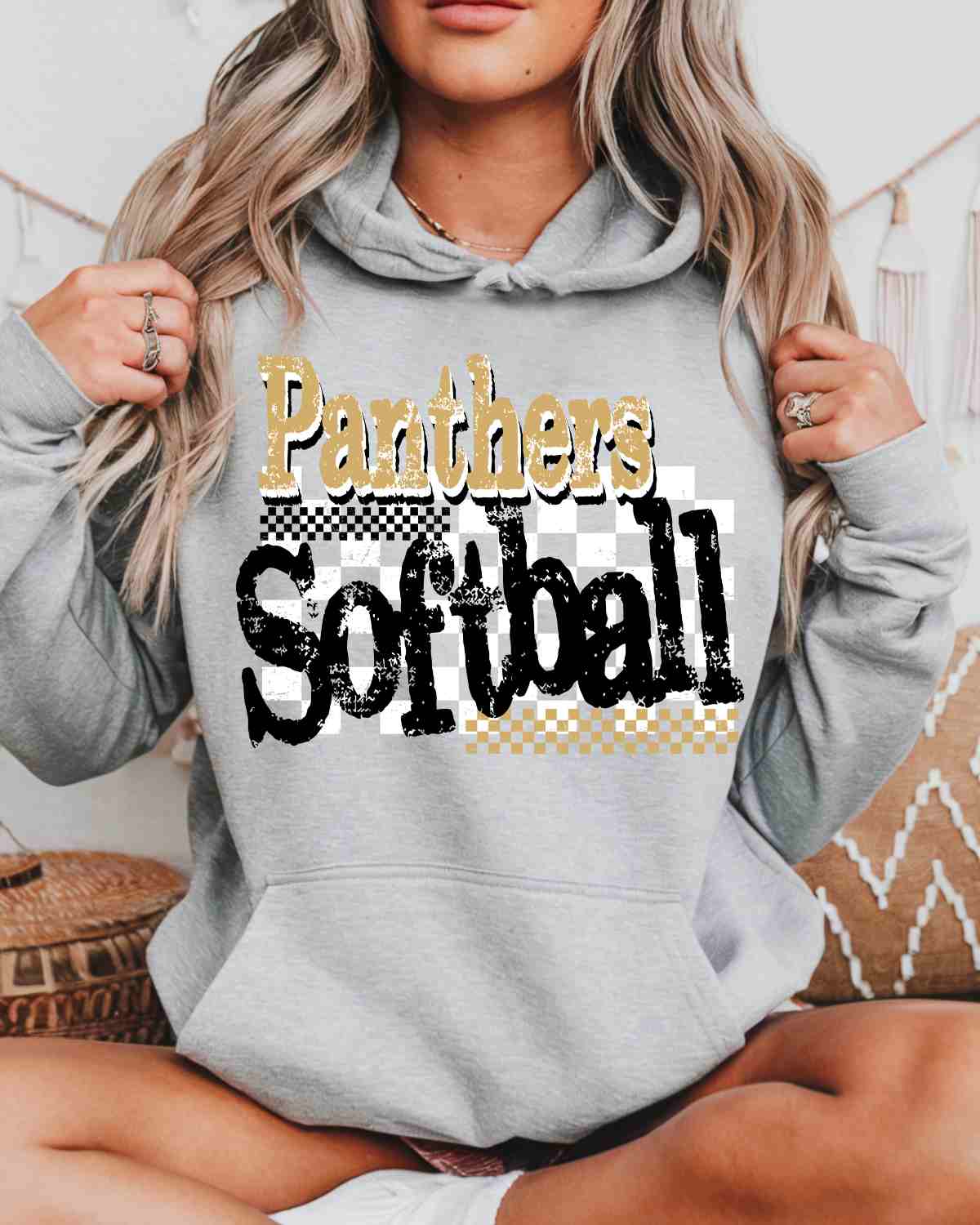 Panthers Softball Checkered Grunge DTF Transfer - Rustic Grace Heat Transfer Company