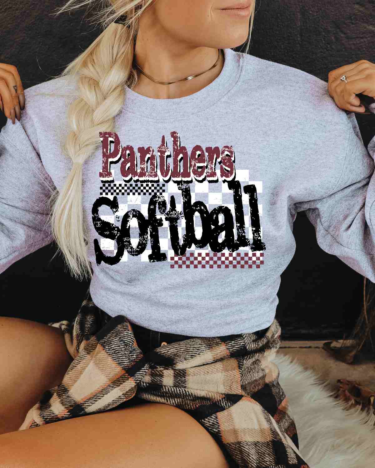 Panthers Softball Checkered Grunge DTF Transfer - Rustic Grace Heat Transfer Company