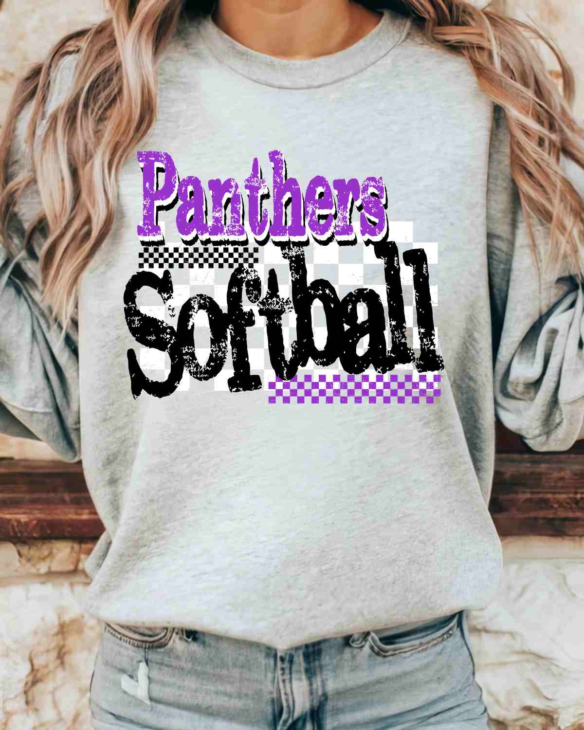 Panthers Softball Checkered Grunge DTF Transfer - Rustic Grace Heat Transfer Company
