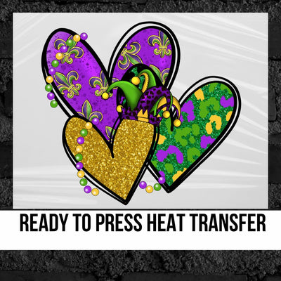 Mardi Gras Three Hearts DTF Transfer