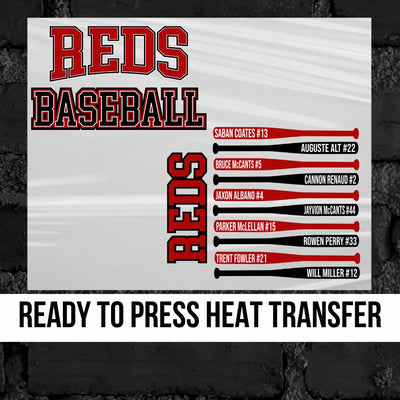 Reds Baseball Custom Team Bats Transfer