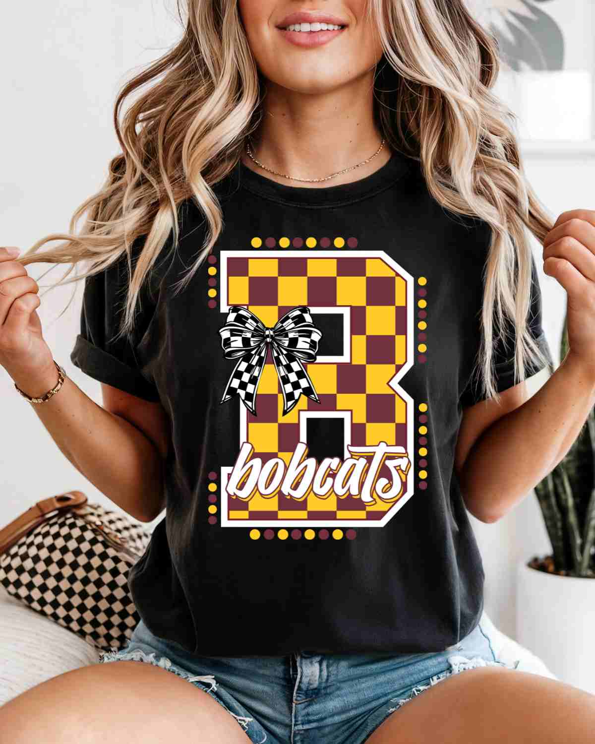 Bobcats Checkered Letter Bow DTF Transfer
