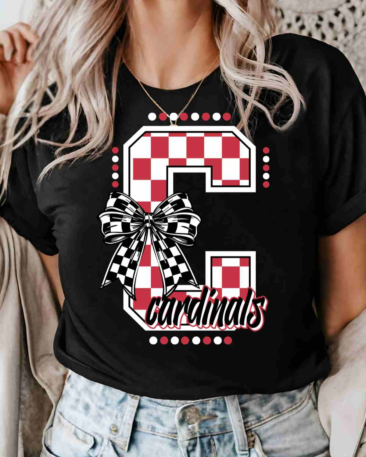 Cardinals Checkered Letter Bow DTF Transfer