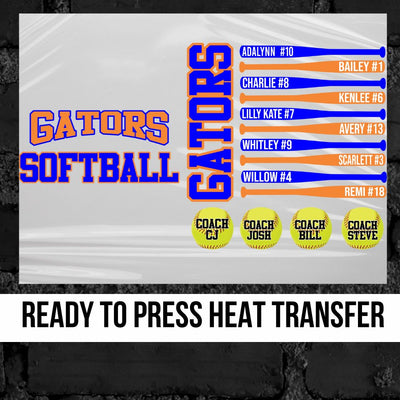 Gators Softball Bats Custom DTF Transfer