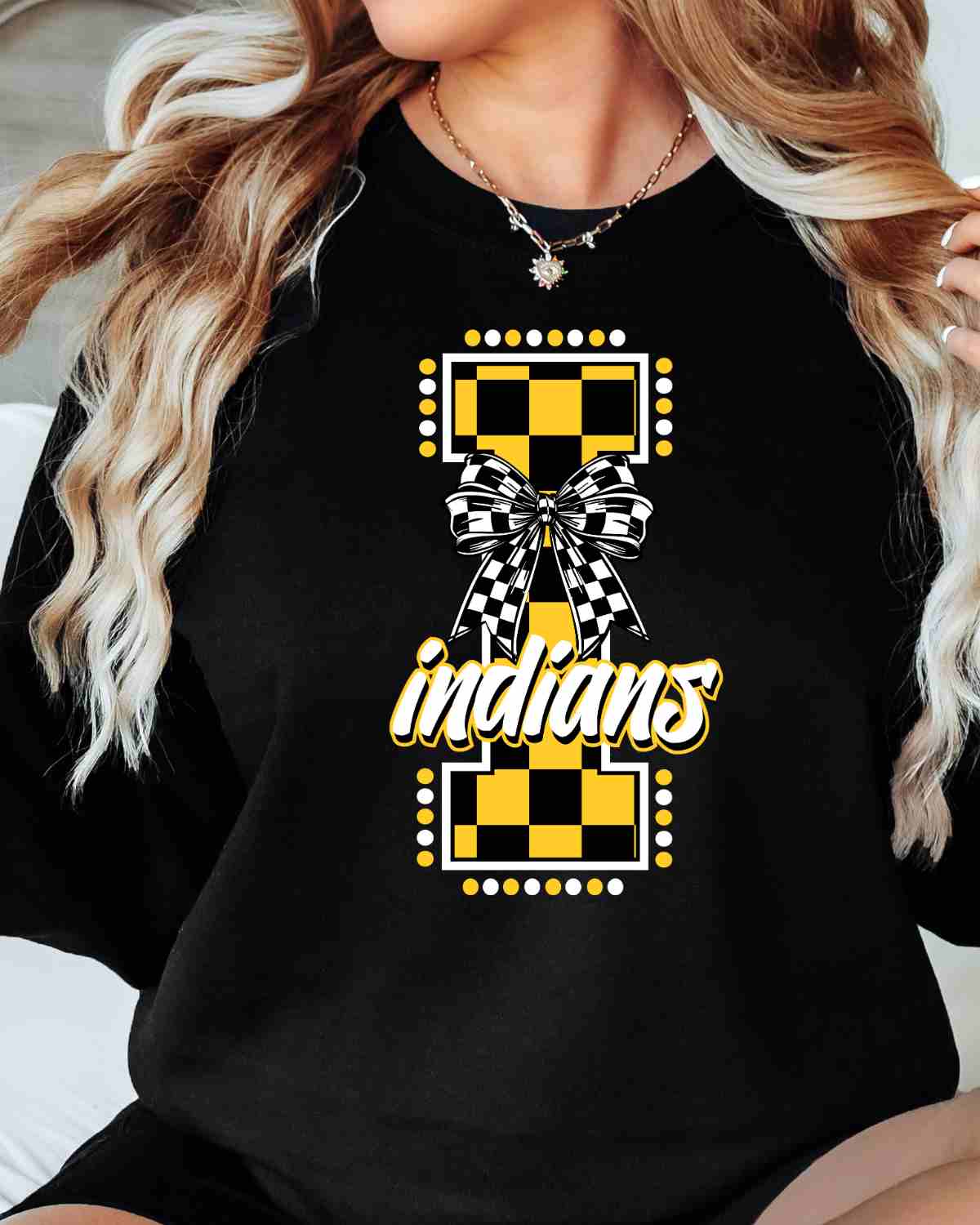 Indians Checkered Letter Bow DTF Transfer
