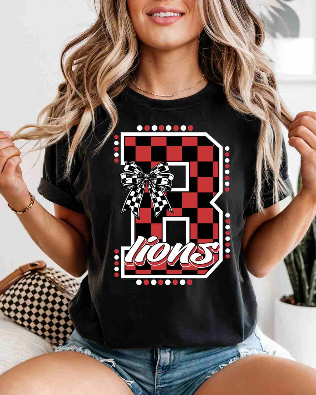 B Lions Checkered Letter Bow DTF Transfer