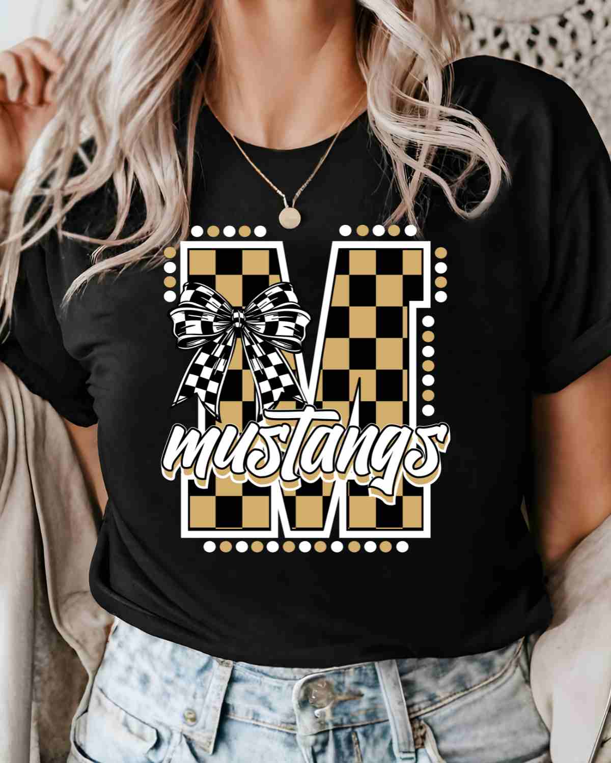Mustangs Checkered Letter Bow DTF Transfer