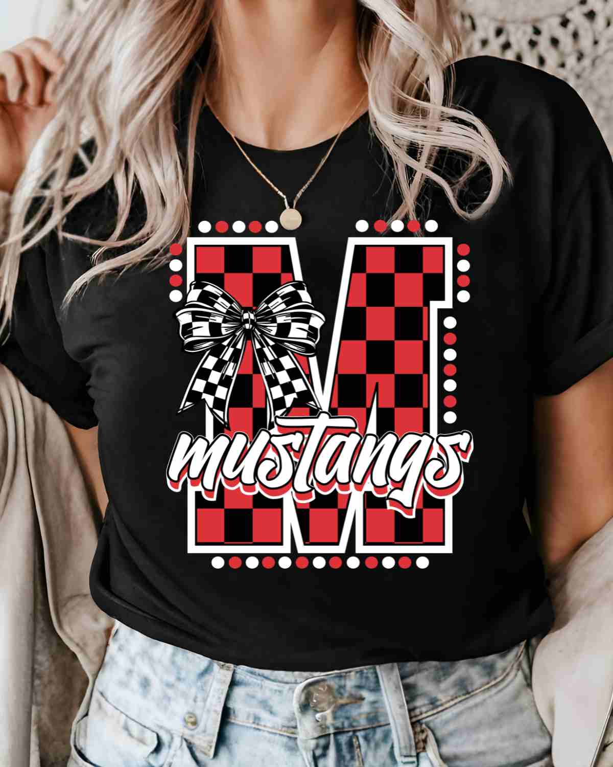 Mustangs Checkered Letter Bow DTF Transfer