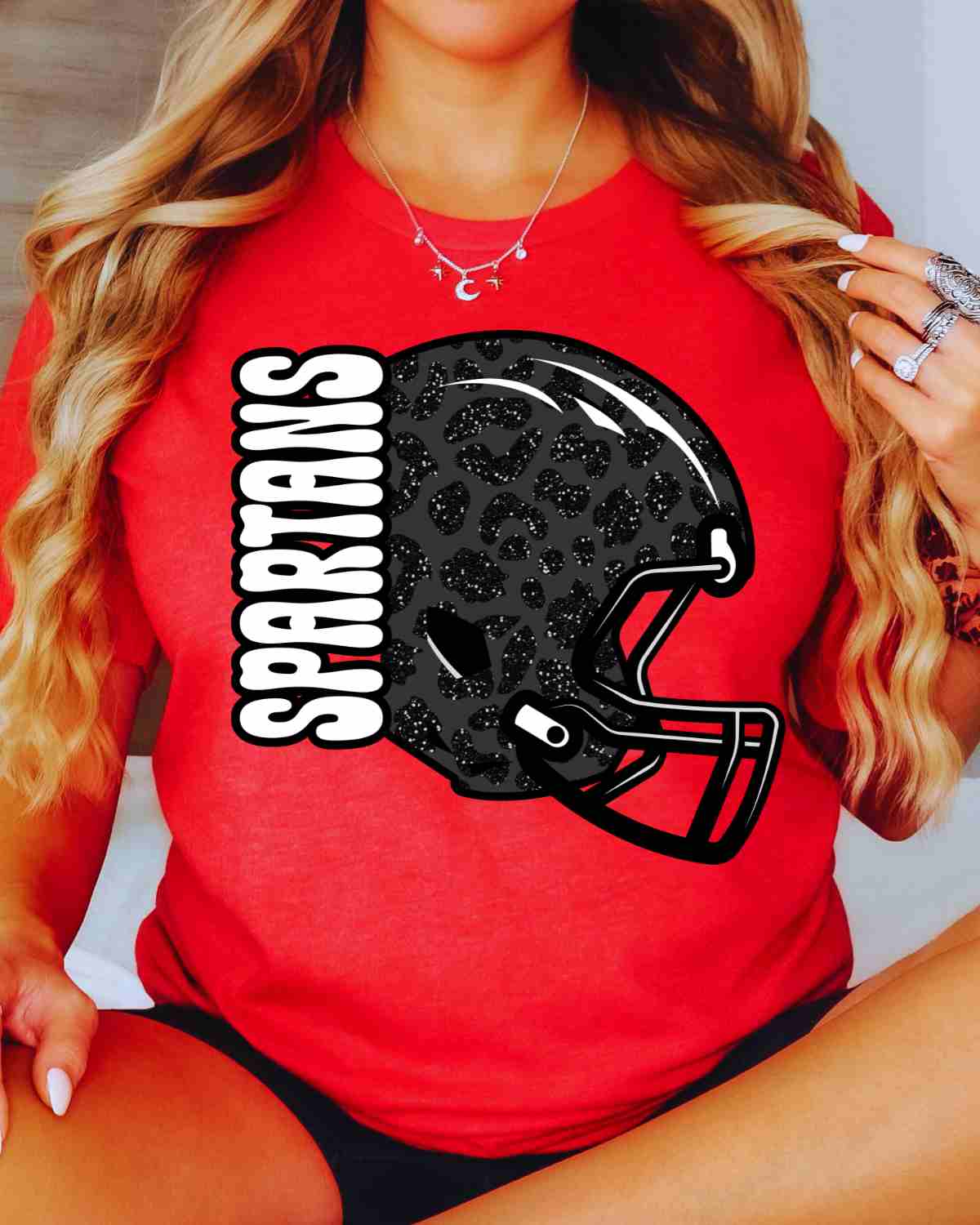 black woman wearing a football helmet Spartans Leopard Football Helmet DTF Transfer