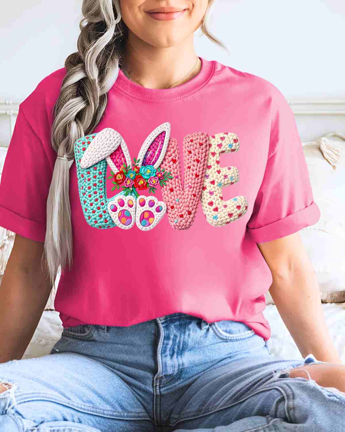 Love Easter Bunny Ears Yarn DTF Transfer - Rustic Grace Heat Transfer Company