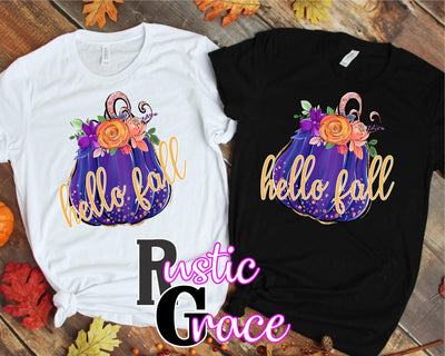 Hello Fall Purple Pumpkin Transfer - Rustic Grace Heat Transfer Company